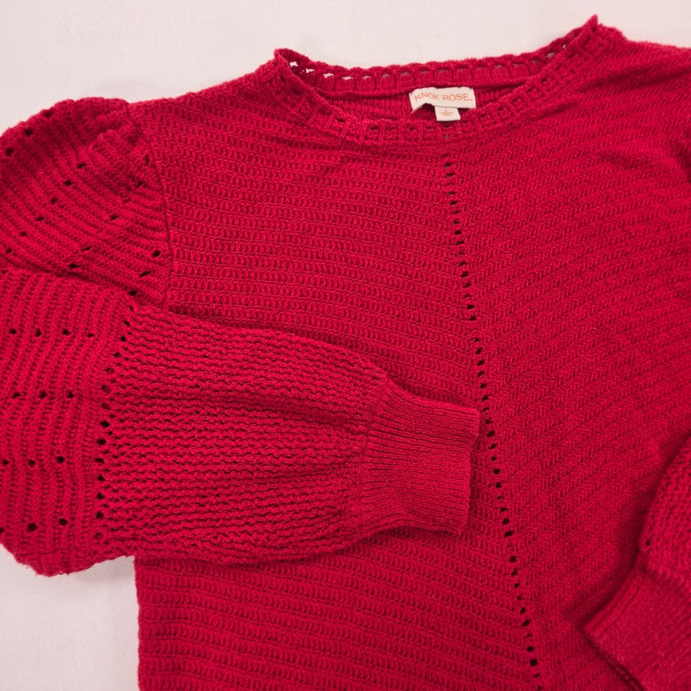 Knox Rose Red Pointelle Puff Sleeve Sweater Crochet Trim Crewneck Size L